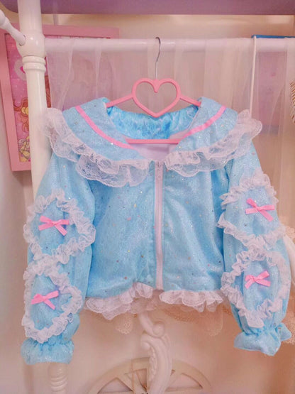 Candy Fairy Sweet Sparkling Blue & Yellow Sailor Collar Bow Lace Ruffled Winter Jacket