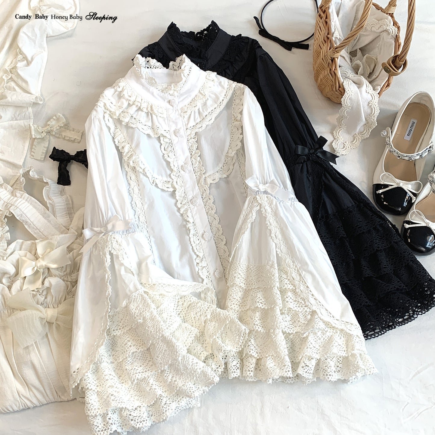 Dormir Doll Maiden Lace Long Sleeve Cream White Black Shirt Blouse Top