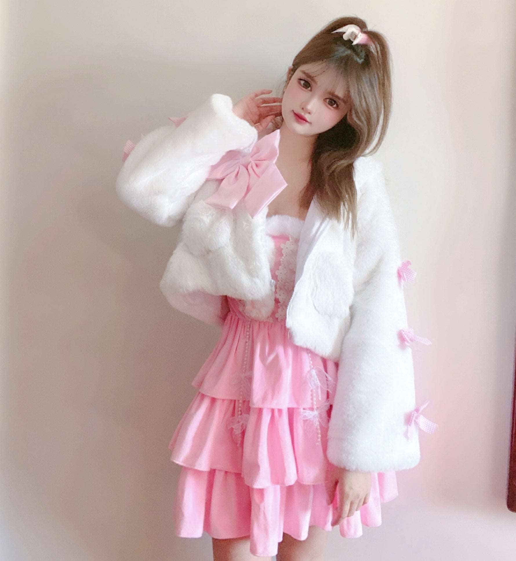 Candy Fairy Cute Pink Bow Snow White Plush Thick Winter Hooded Jacket