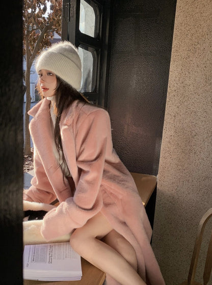 Pink Winter Velvet Mid-length Long Woolen Coat