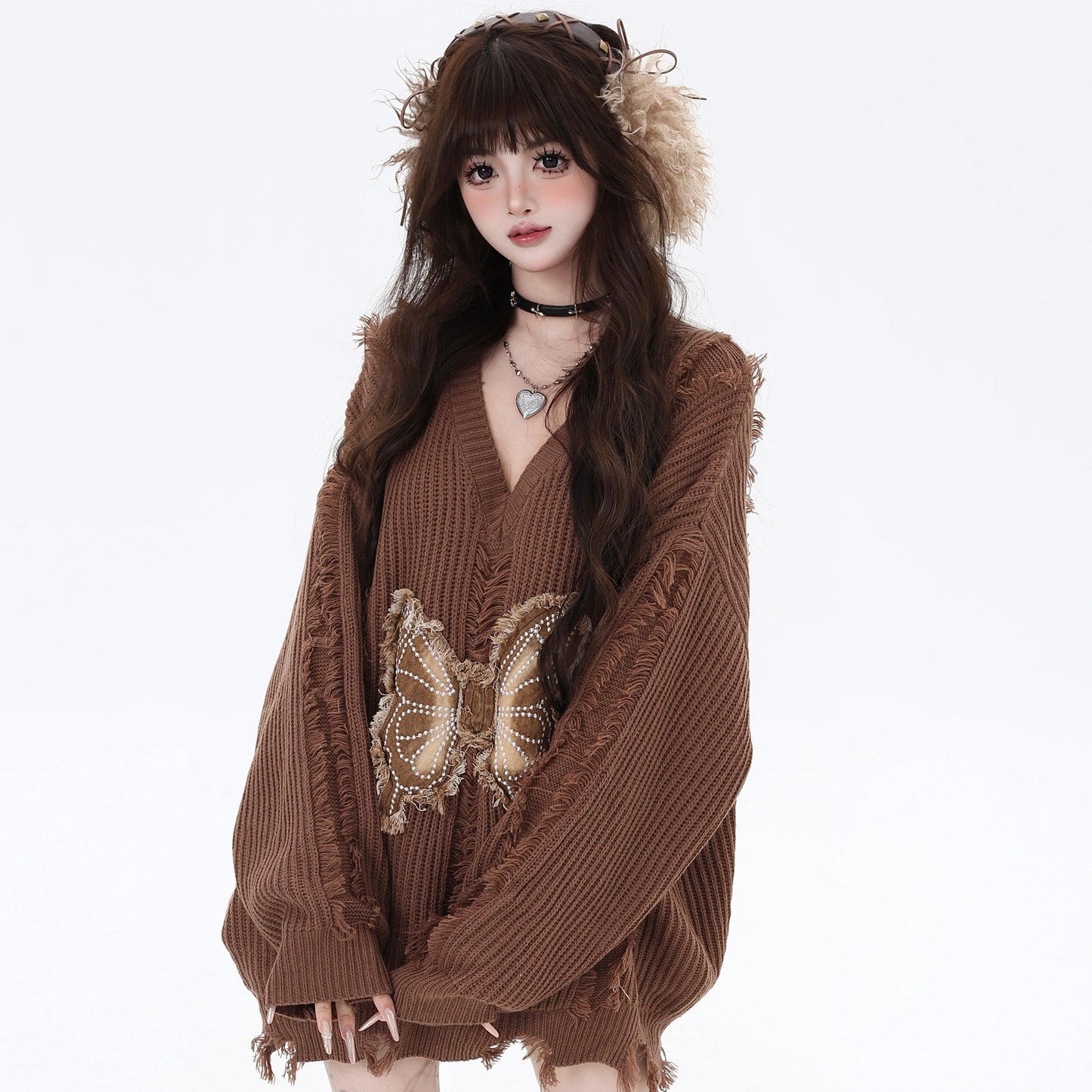 Crazy Girl Butterfly Cozy Brown Beige Knit Sweater