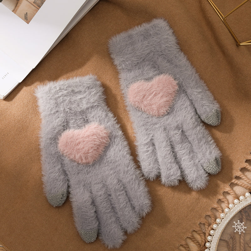 Cute Plush Heart Shaped Pastel Pink White Gray Navy Blue Winter Touchscreen Gloves