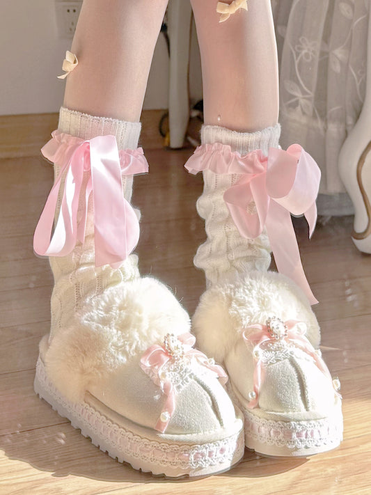 Pinky Winter Cute Sweet Princess White Pink Fur Slippers Shoes