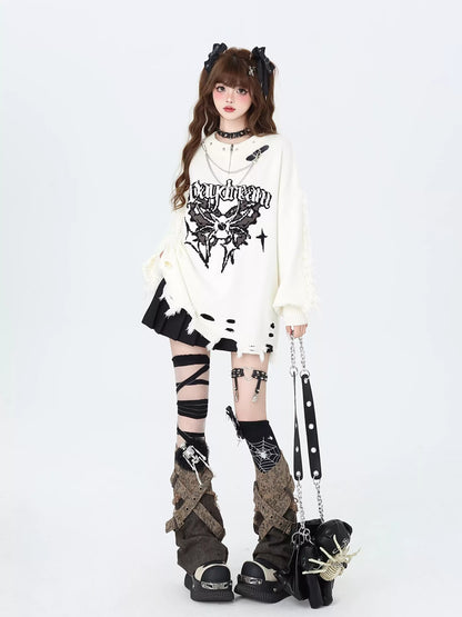 Crazy Girl Daydream Butterfly Black White Pink Red Knit Sweater