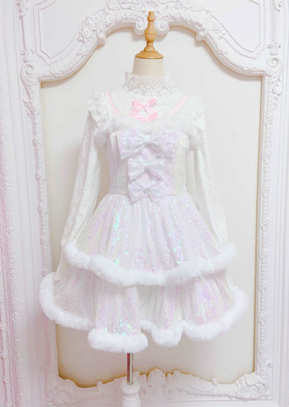 Candy Fairy Winter Princess Pink & White Ruffled Strap Dress & Hooded Cape Cloak Two Piece Set