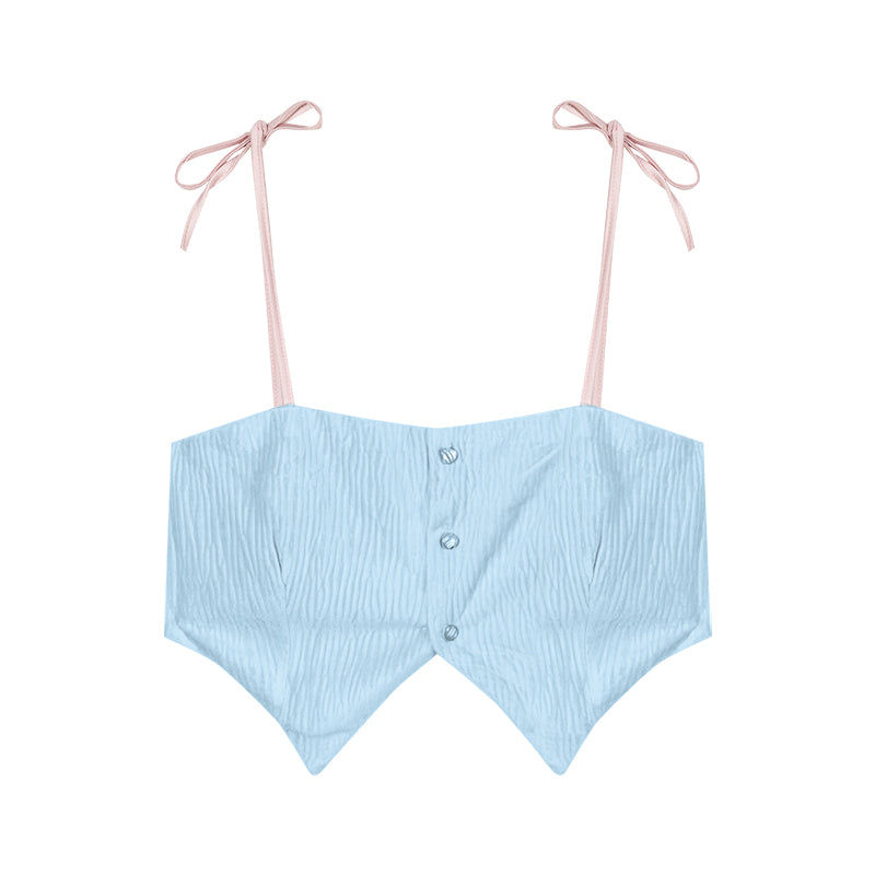 Serendipity Coquette Ribbon Lace White Cardigan & Blue Camisole & Pink Pleated Mini Skirt Three Piece Set