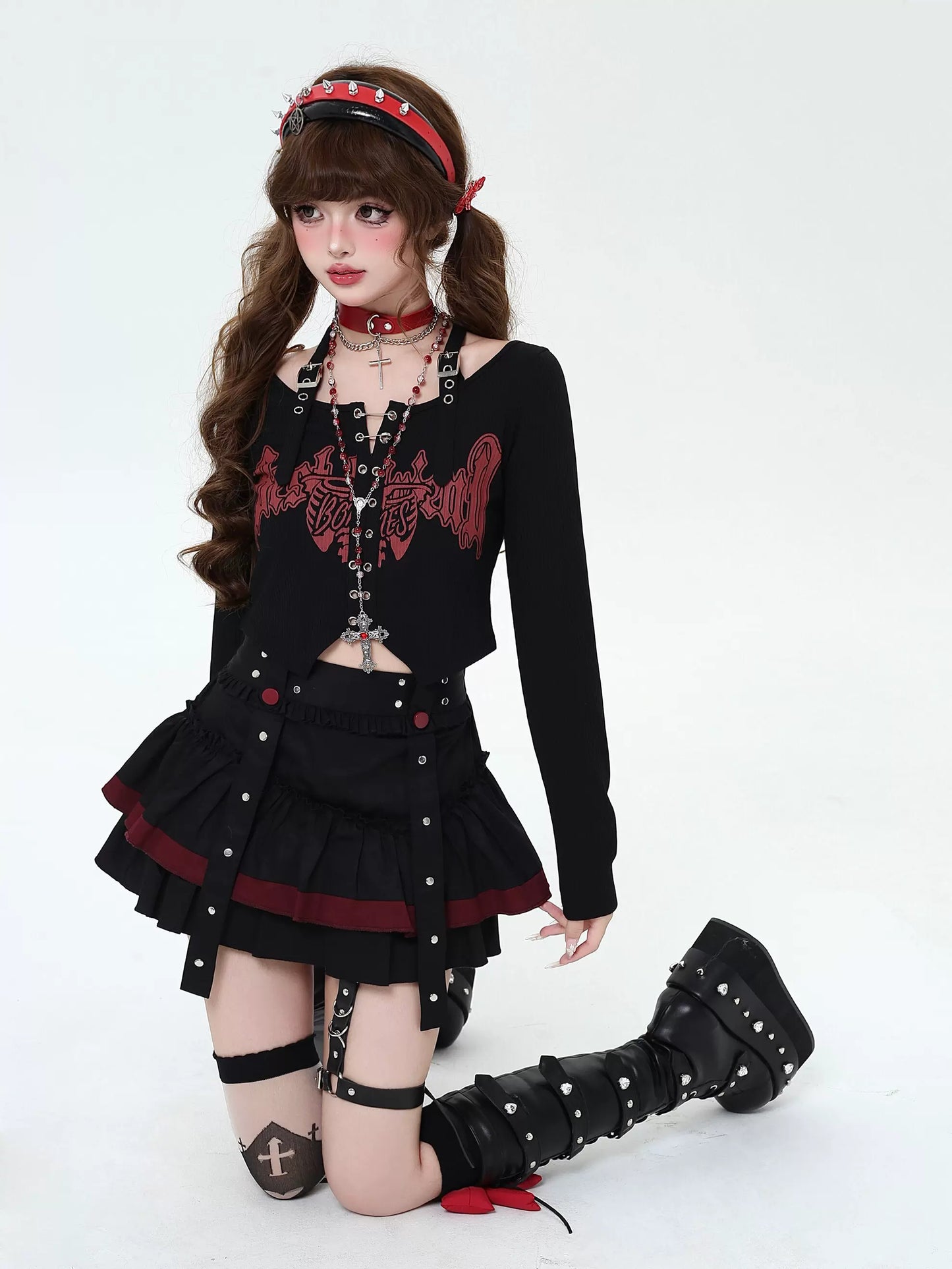 Crazy Girl Taotao Oolong 2.0 Black Red Ruffle Short Skirt