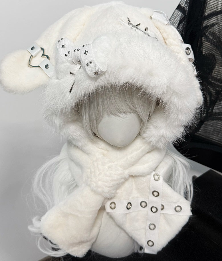 Punk Y2K Black White Plush Rabbit Ears Winter Hats