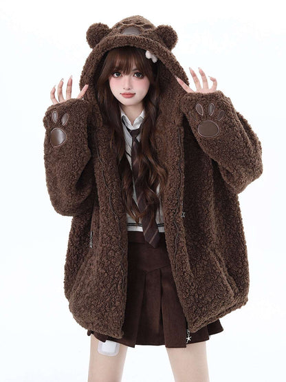 Crazy Girl Winter Bear Paws Hooded Plush Brown Jacket