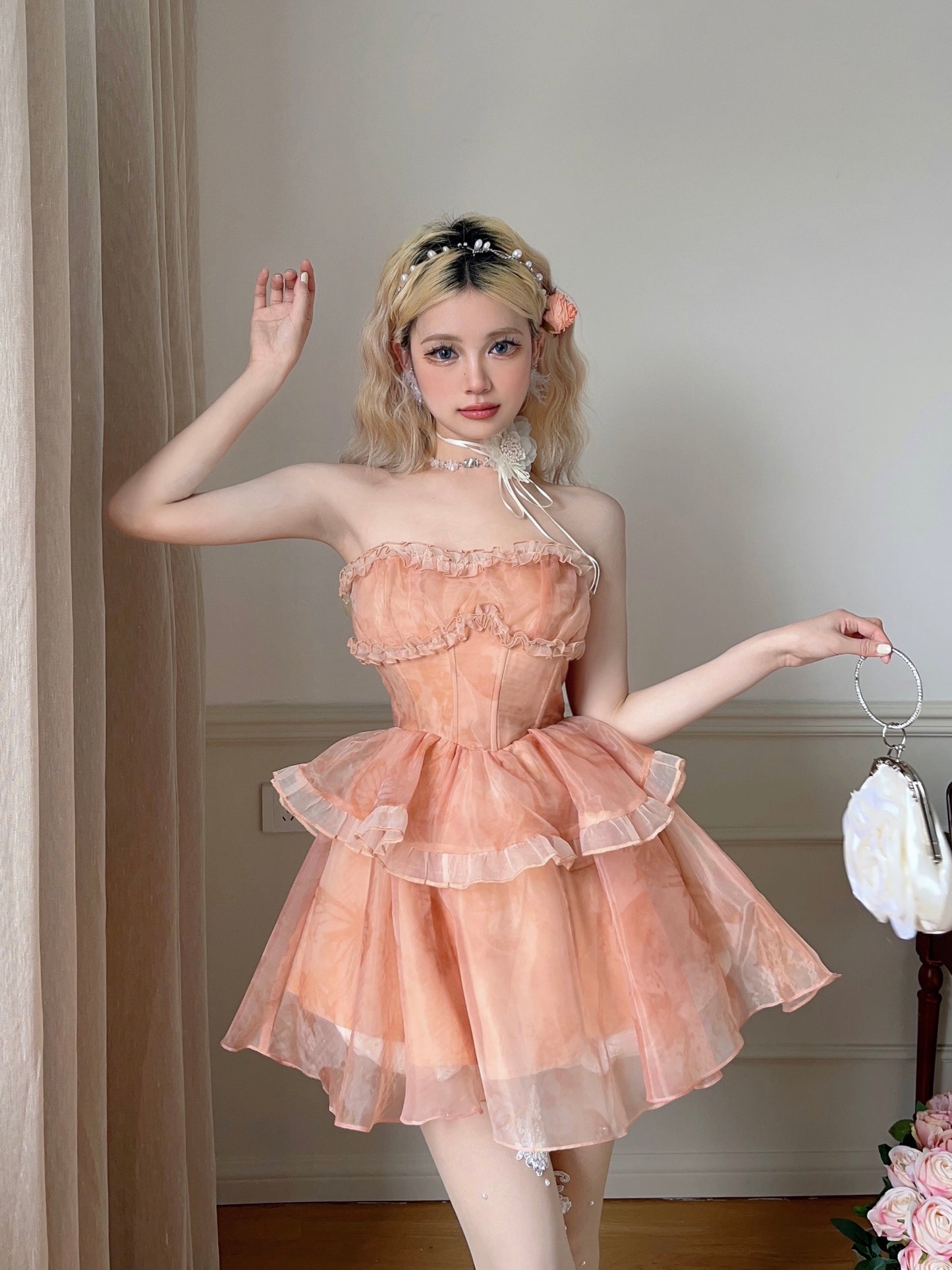 Monet Chiffon Sunset Orange Fairy Princess Summer Strapless Ruffled Dress