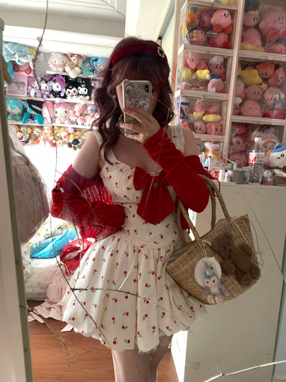 Picnic Girl Cute Cherry Red Bow Beige Strap Dress