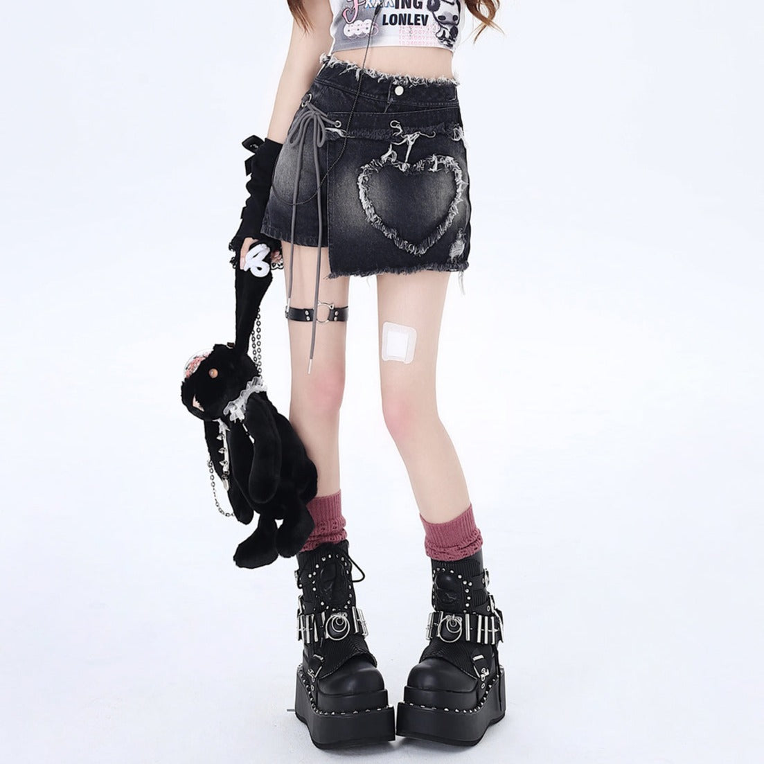 Crazy Girl Spicy Heart Y2K Pink Black Denim Short Skirt