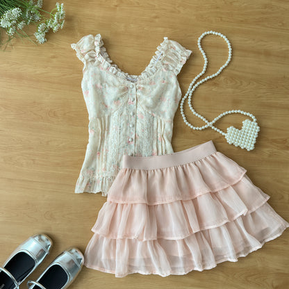 Creamy Sweet Baileys Cream Top & Pink Skirt Two Piece Set