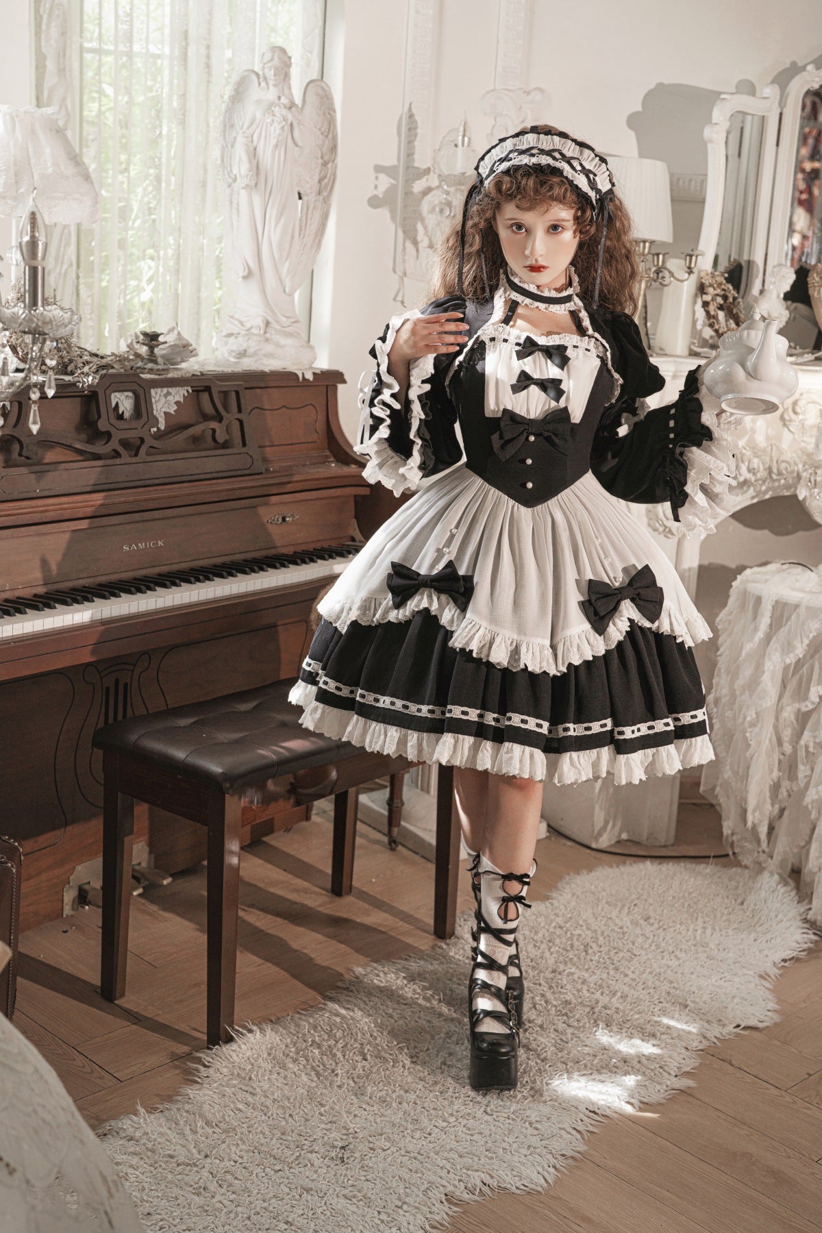 Gothic Dark Maid Cosplay EGL Black White Elegant Bow Dress & Jacket Two Piece Set