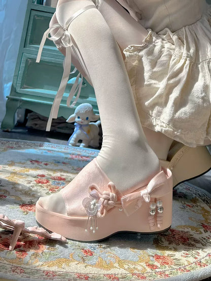 Pinky Shanghai Lady Cream Black Pink Wedges Sandals Shoes