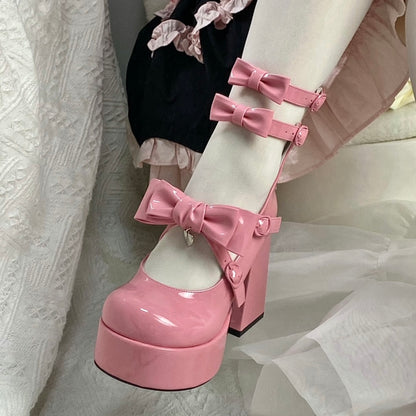 Pocket Cat Lolita Black Pink White Bow High Heels Shoes