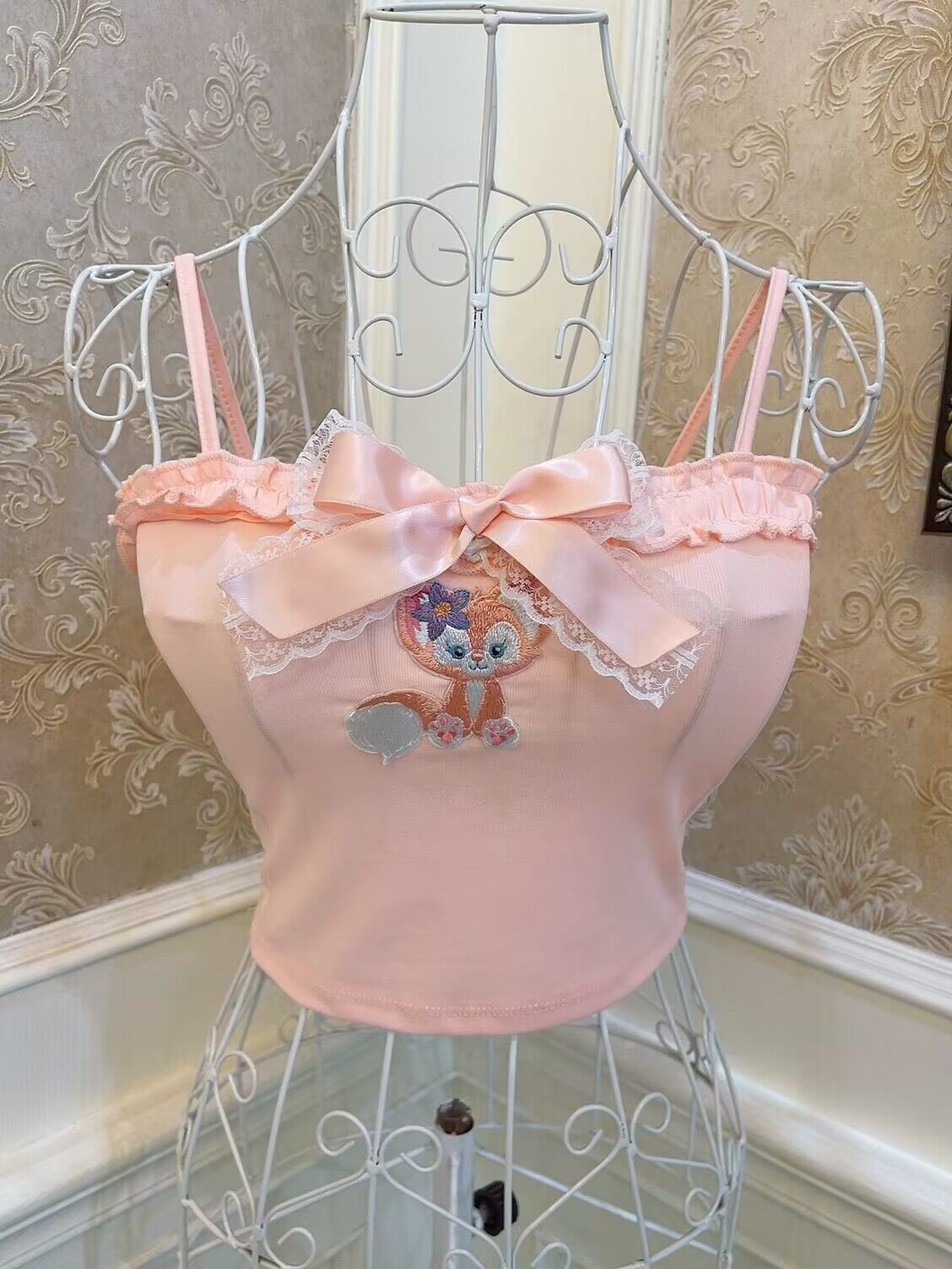 Sweetheart Princess Coquette Girl Cat & Fox Pink Gray Yellow Camisole Top