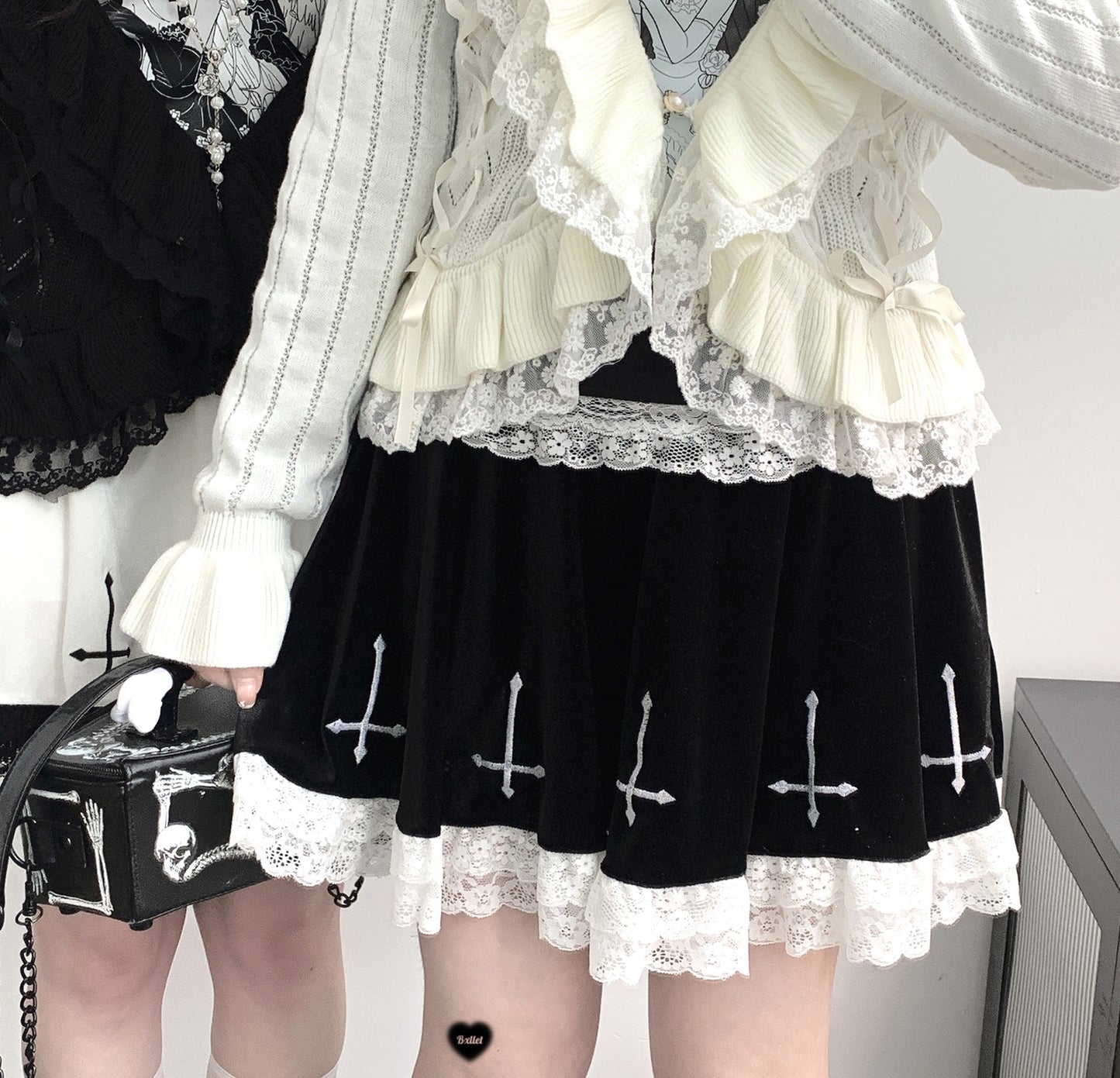 Kitten Bullet Jirai Kei Holy Cross Black White Velvet Skirt