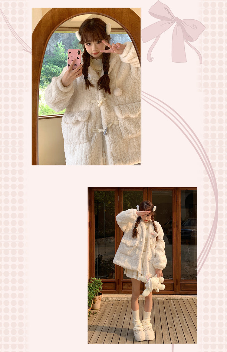 Velvet Winter Cute Plush Hooded Woolen White Coat