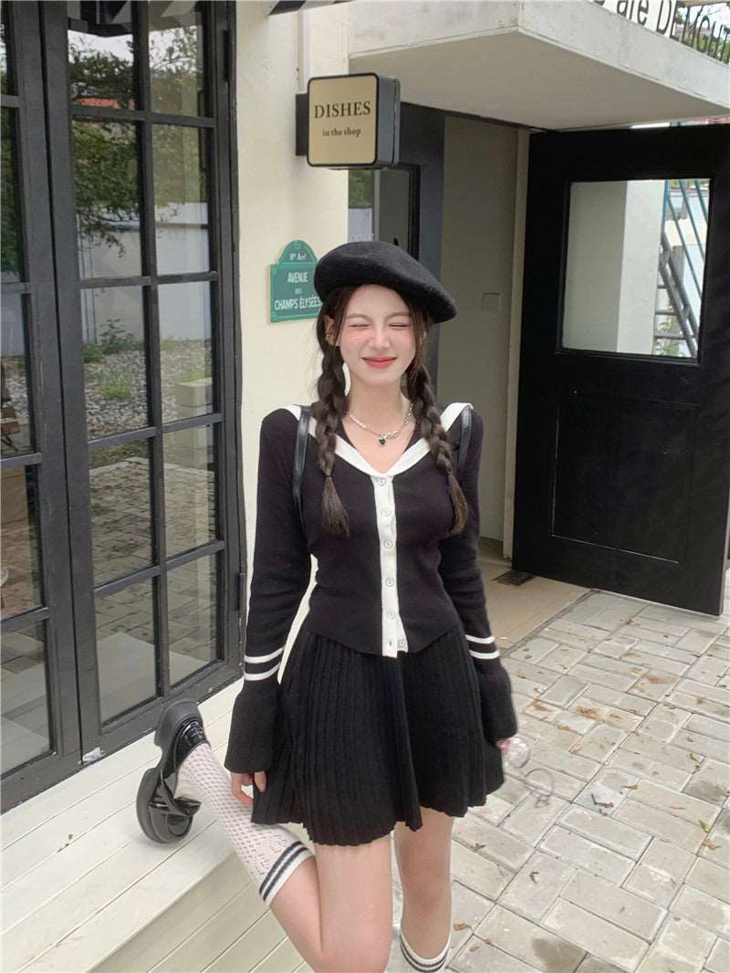 Academia Chic Autumn Cute Black Long Sleeve Knit Cardigan Top & Pleated Mini Skirt Two Piece Set