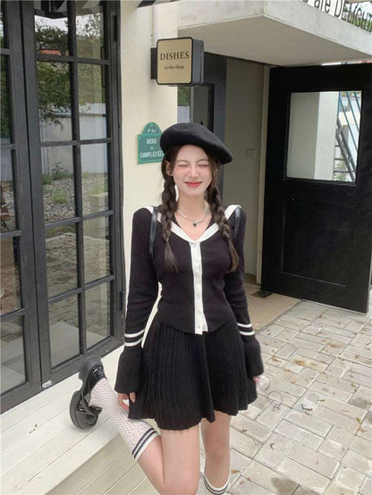 Academia Chic Autumn Cute Black Long Sleeve Knit Cardigan Top & Pleated Mini Skirt Two Piece Set