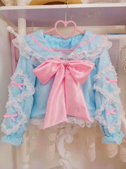 Candy Fairy Sweet Sparkling Blue & Yellow Sailor Collar Bow Lace Ruffled Winter Jacket