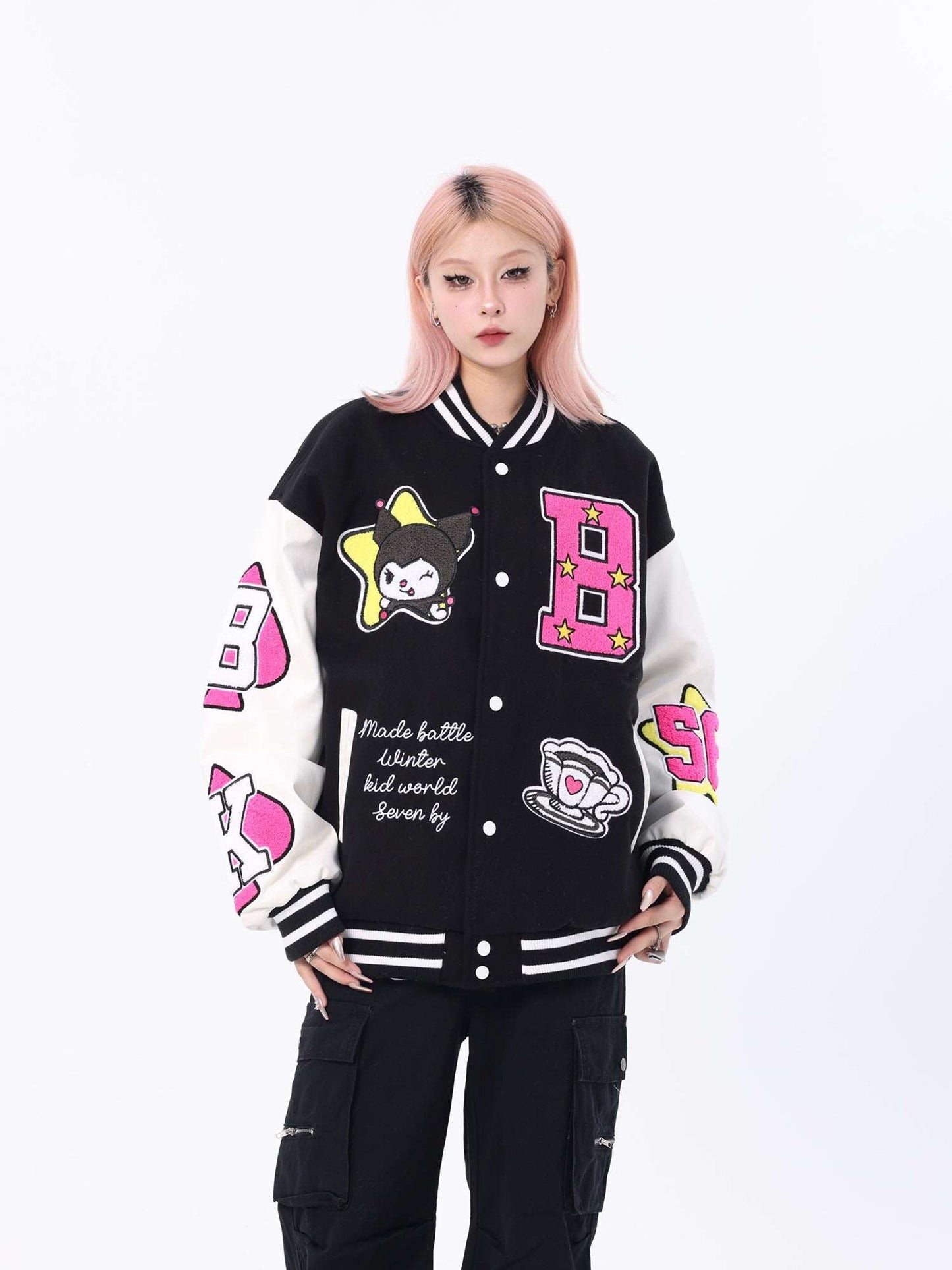 Cartoon Kitty Cat Cinnamon Dog Purple Devil Autumn Y2K Baseball Jacket