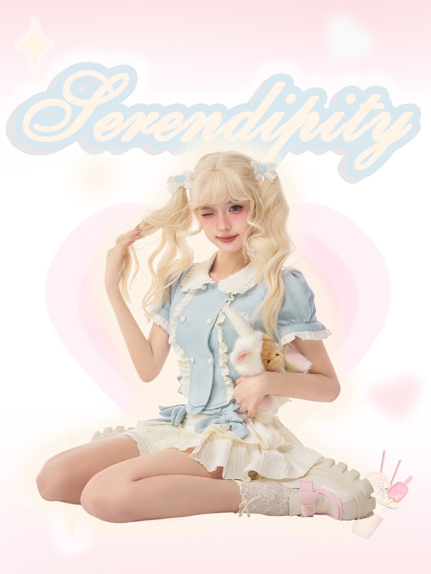 Serendipity Coquette Bear Doll Collar Blue Puff Sleeve Shirt & White Tutu Mini Skirt Two Piece Set