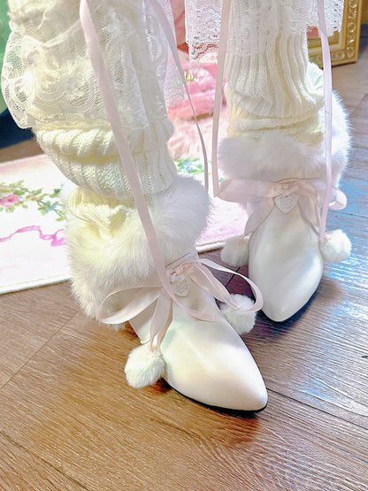 Pinky Sweet Princess Fur Plush Pompom Balls White Short Pointed Toe Boots Shoes