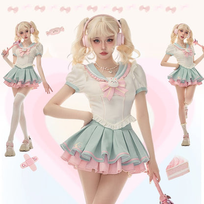 Serendipity Anime Magical Girl Cosplay Ice Star Seifuku Shirt Top & Skirt Two Piece Set