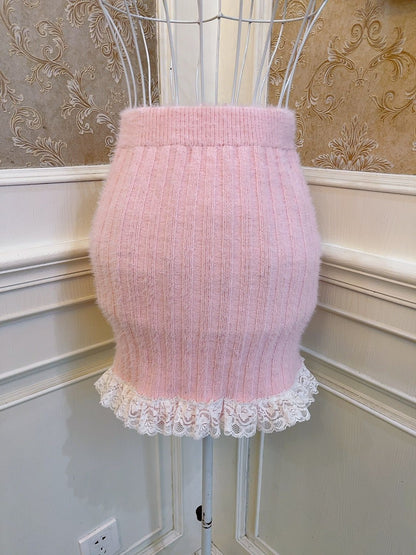 Sweetheart Princess Rose Lace Pink Knit Sweater & Mini Skirt Two Piece Set