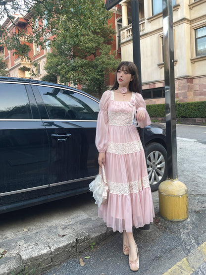 Ruellia Rose Fairy Pink Square Collar Long Sleeve Long Dress