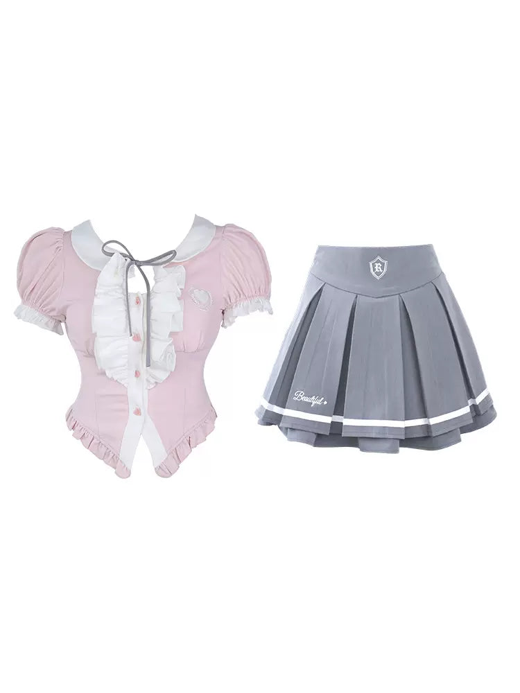 Serendipity Korean Academy Pink Top & Gray Pleated Skirt Two Piece Set