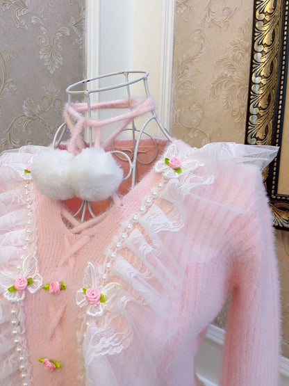 Sweetheart Princess Rose Lace Furball Mohair Plush Pink Knit Sweater