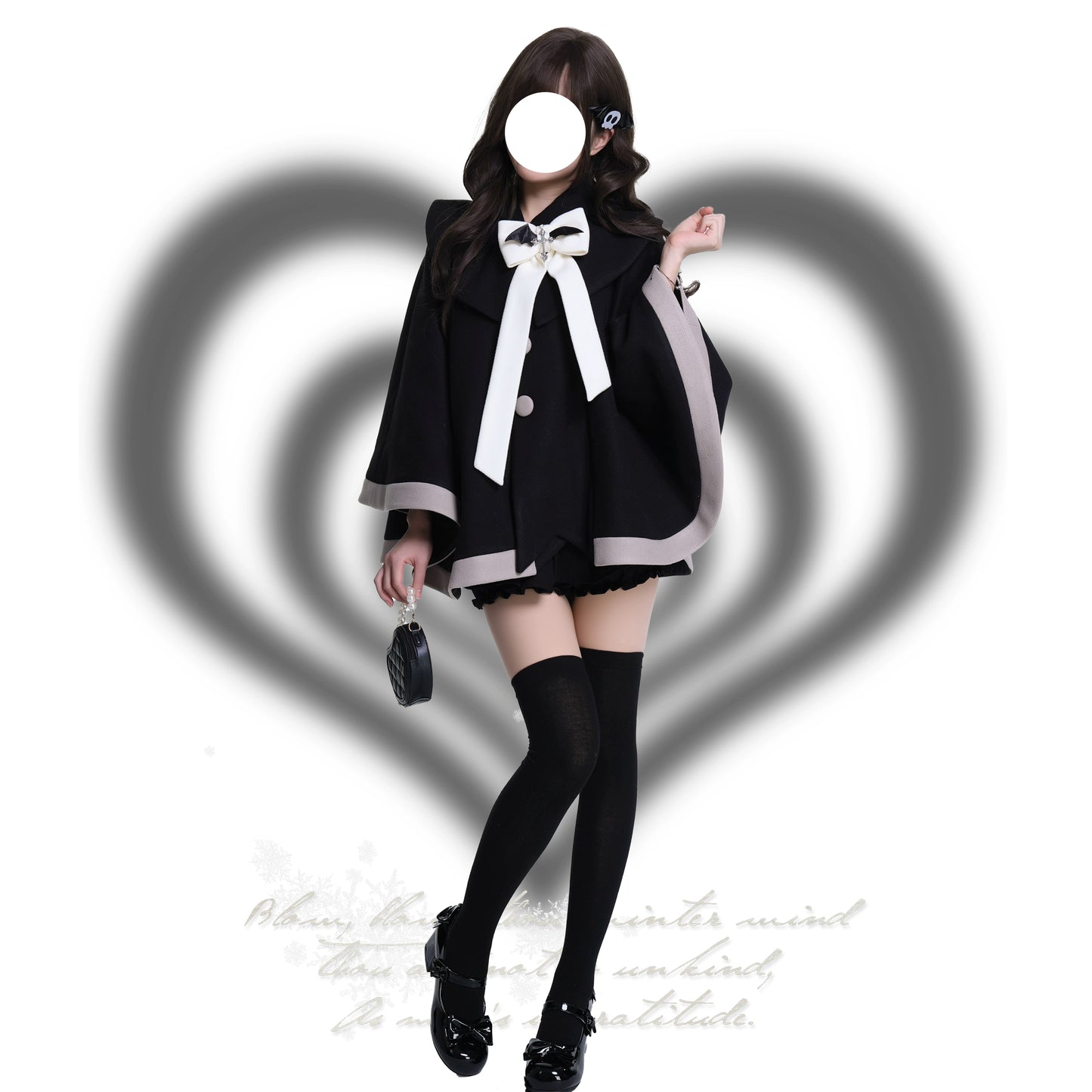 Platycodon Cat Ears Cake Pink Black Wool Cape Coat