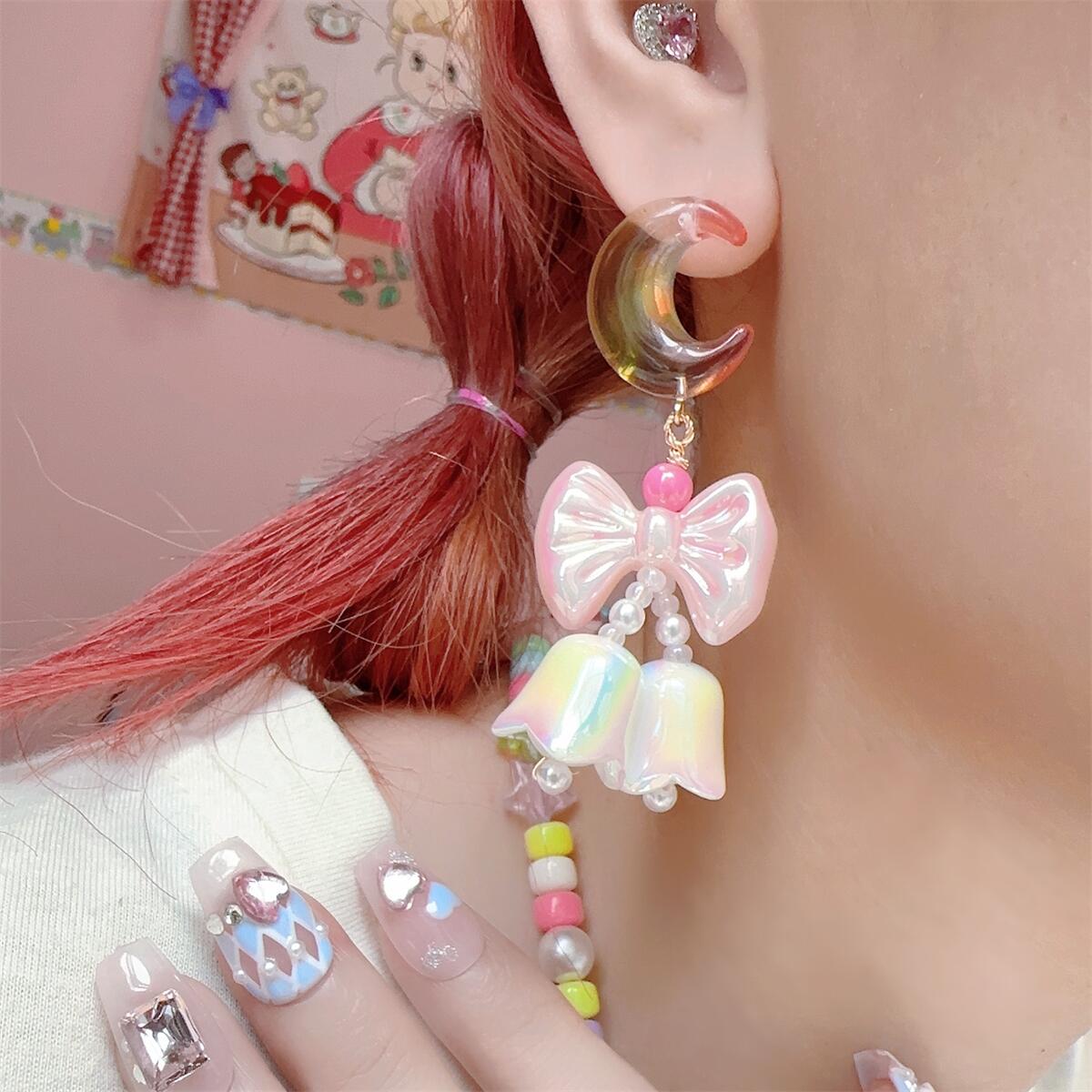 Jelly Crescent Moon Bow Cute Sweet Earrings