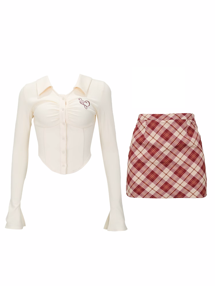 Serendipity Fall Beige Office Lady Long Sleeve T-Shirt & Red Plaid Mini Skirt Two Piece Set