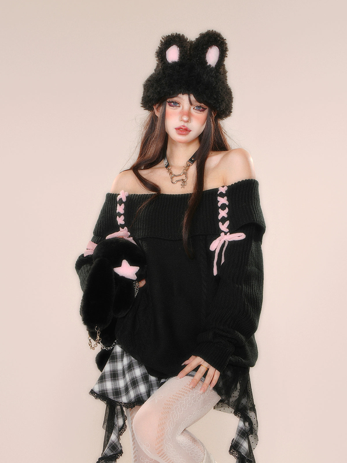 Young Eyes Black Croissant Off Shoulder Knit Sweater