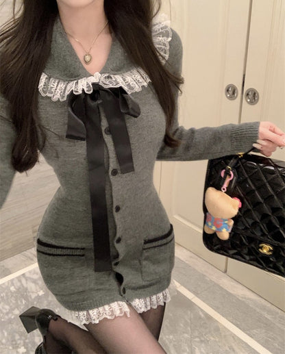 Lazy Girl Autumn Lace Collar Gray Black Knit Dress