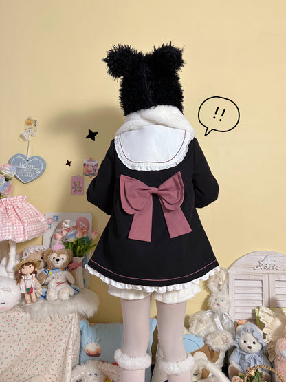 Lace Sailor Collar Lolita Black & Pink Winter Big Bow Woolen Coat Jacket