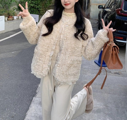 Winter Luxury Elegant Chic Plush White Apricot Jacket