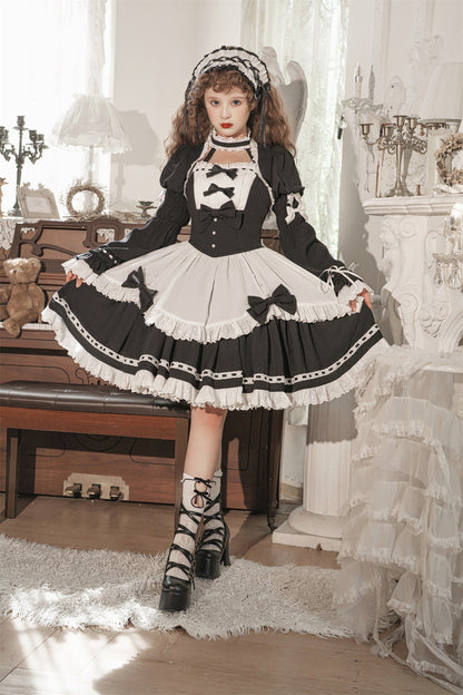 Gothic Dark Maid Cosplay EGL Black White Elegant Bow Dress & Jacket Two Piece Set