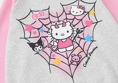 Kitty Cat Spider Web Y2K Pink Black Cartoon Print Sweatshirt Hoodie