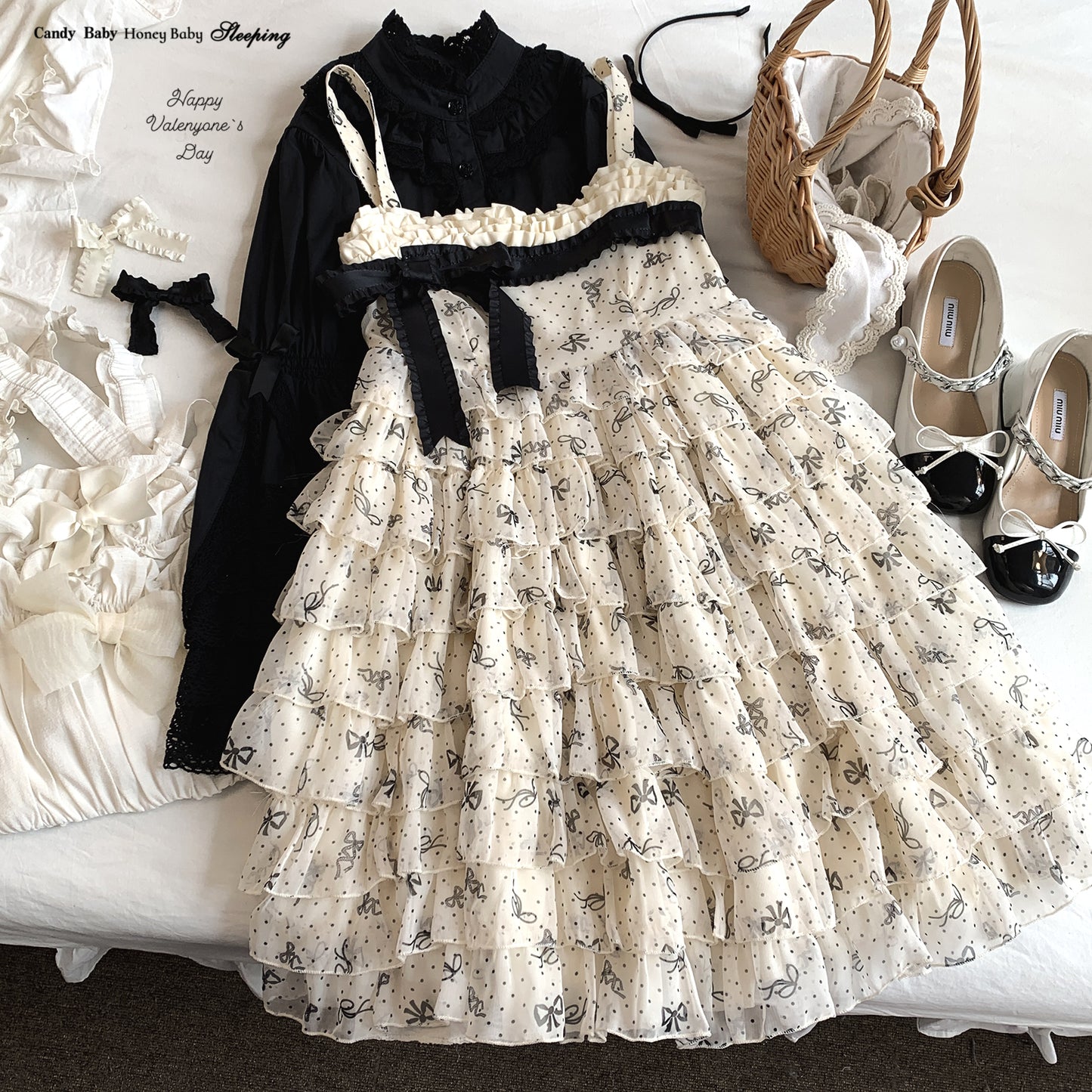 Dormir Doll Bow Kiss Chiffon Cream Black Ruffle Strap Dress