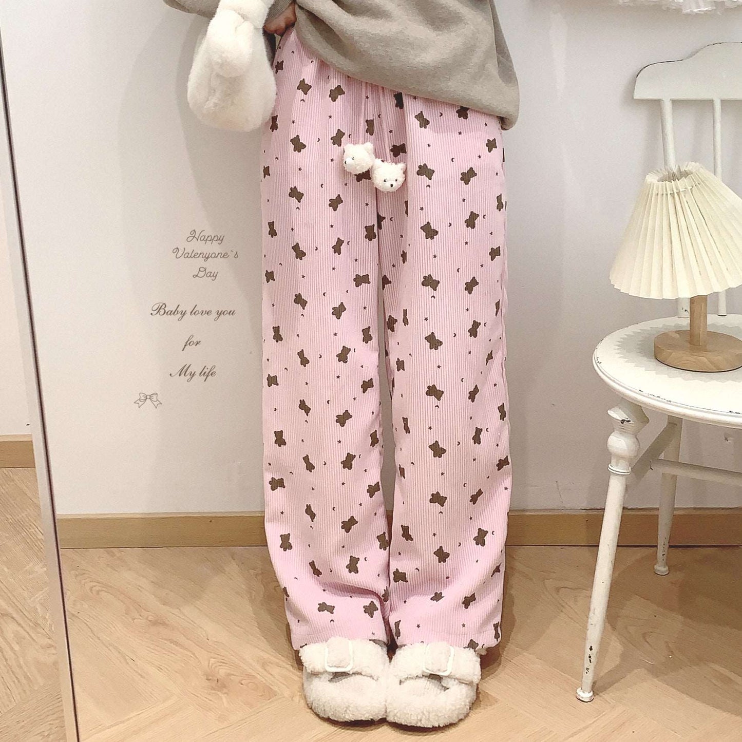 Dormir Doll Bear Cookie Print Corduroy Beige Pink Elastic Waist Pants