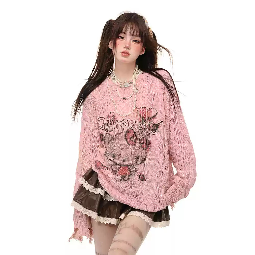 Young Eyes Kitty Leader Pink Cream Knit Sweater