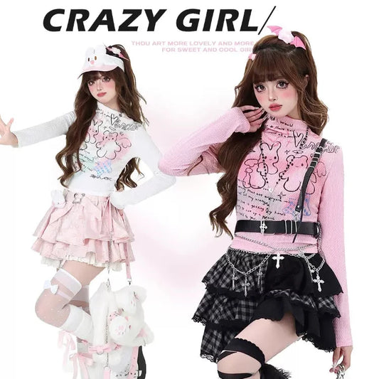 Crazy Girl Heaven Rabbit Graffiti White Pink Shirt Top