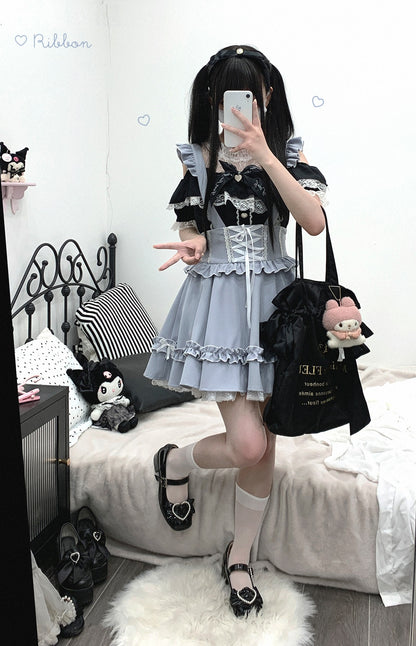 Kitten Bullet Jirai Kei Strappy Cake Lace Pink Black Blue Suspender Skirt