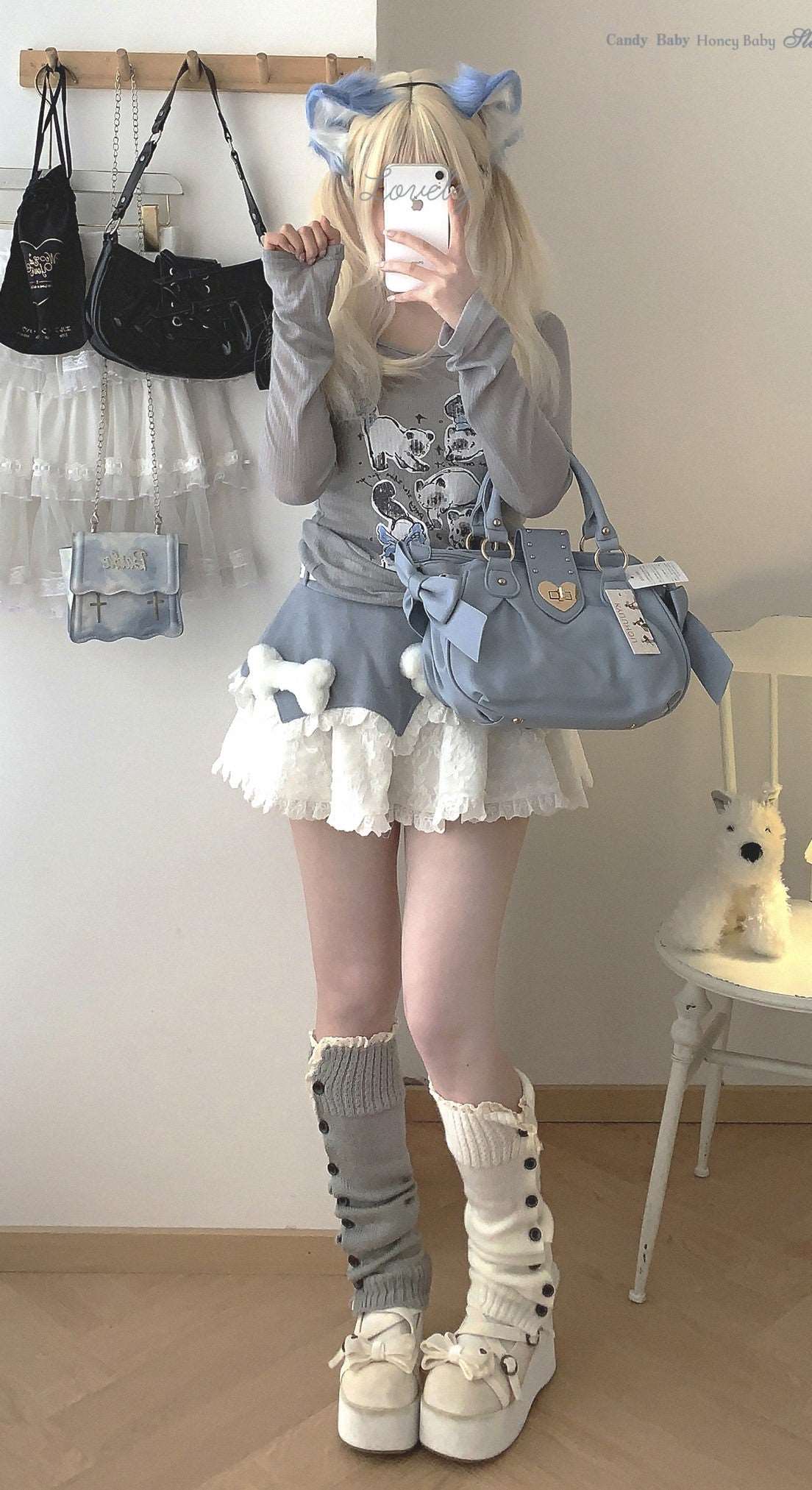 Dormir Doll Y2K Plush Bone Blue & Gray Lace Ruffled Mini Skirt