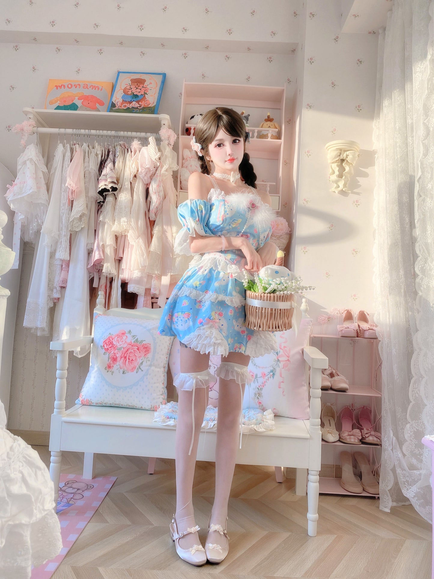 Candy Fairy Cute Blue Cinnamon Dog Lace Camisole Puff Sleeve Top & Skirt Pajamas Two Piece Set